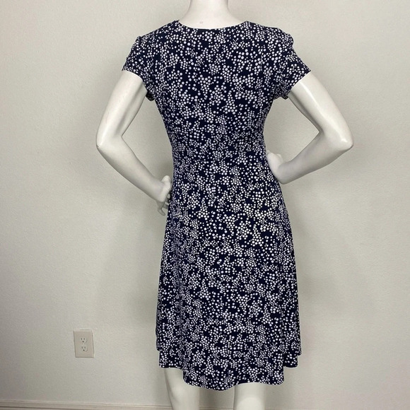 Connected Apparel Navy Blue & White Polka Dot V-Neck Jersey A-Line Dress Size 6 - Picture 4 of 8